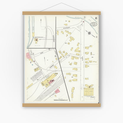 Old map wall art mockup — magnetic wood frame on white wall — Sanborn Fire Insurance Map from Athol, Worcester County, Massachusetts (1911), Sheet #0008