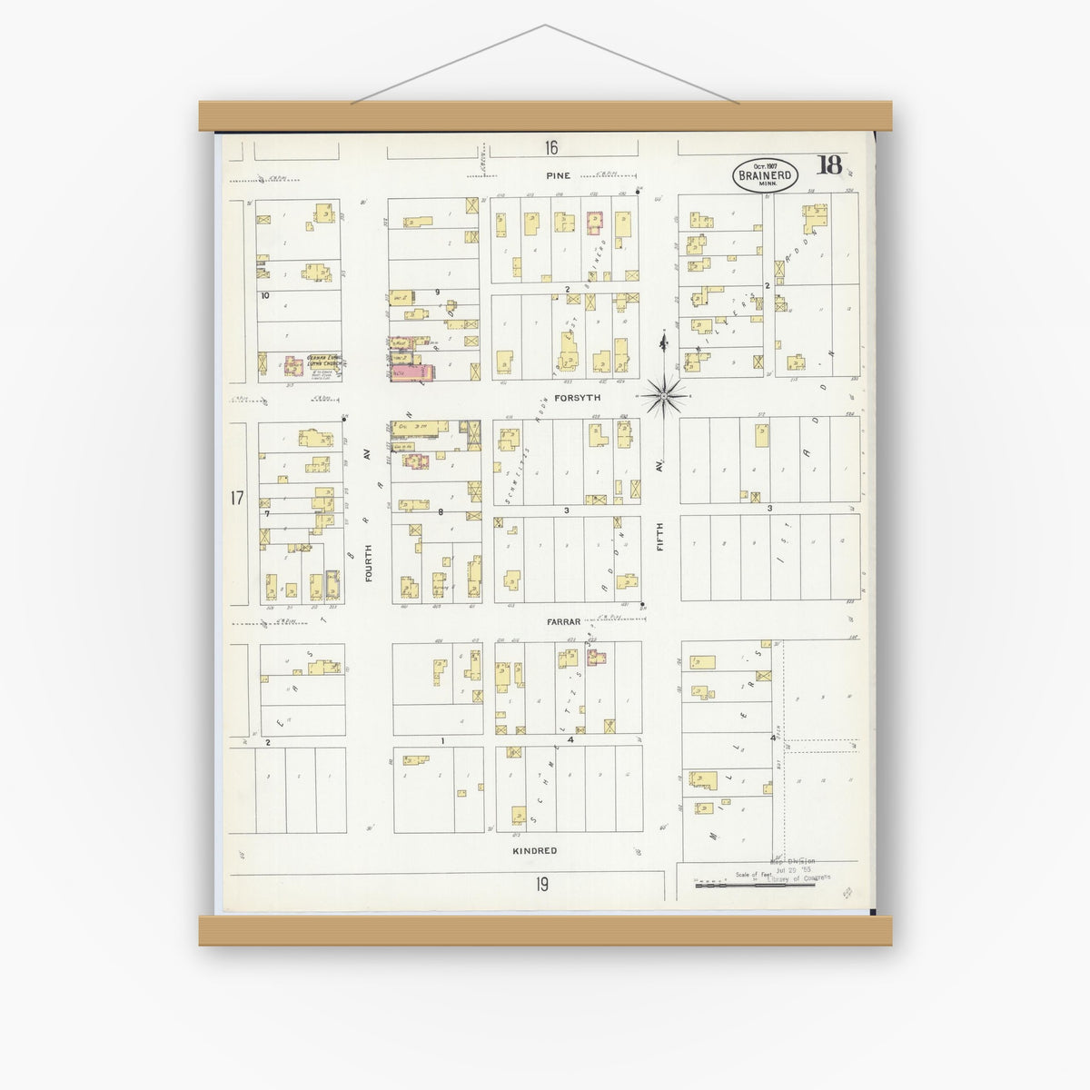 Old map wall art mockup — magnetic wood frame on white wall — Sanborn Fire Insurance Map from Brainerd, Crow Wing County, Minnesota (1907), Sheet #0018
