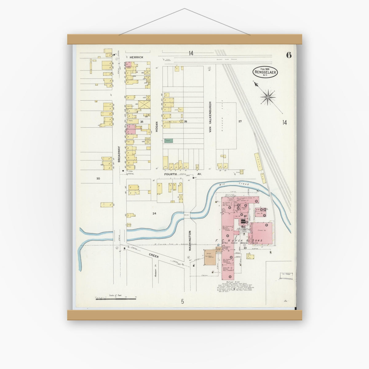 Old map wall art mockup — magnetic wood frame on white wall — Sanborn Fire Insurance Map from Rensselaer, Rensselaer County, New York (1909), Sheet #0006