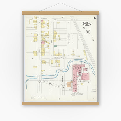 Old map wall art mockup — magnetic wood frame on white wall — Sanborn Fire Insurance Map from Rensselaer, Rensselaer County, New York (1909), Sheet #0006