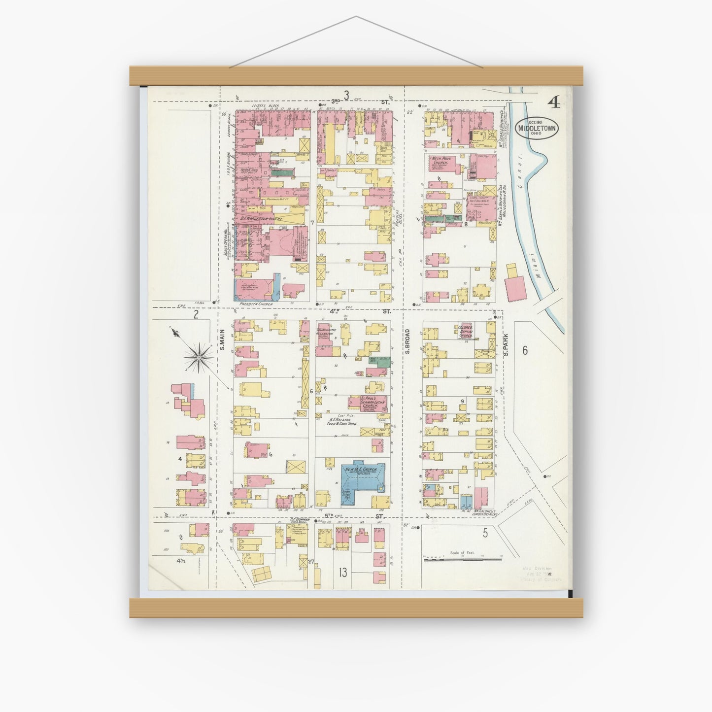 Old map wall art mockup — magnetic wood frame on white wall — Sanborn Fire Insurance Map from Middletown, Butler County, Ohio (1901), Sheet #0004