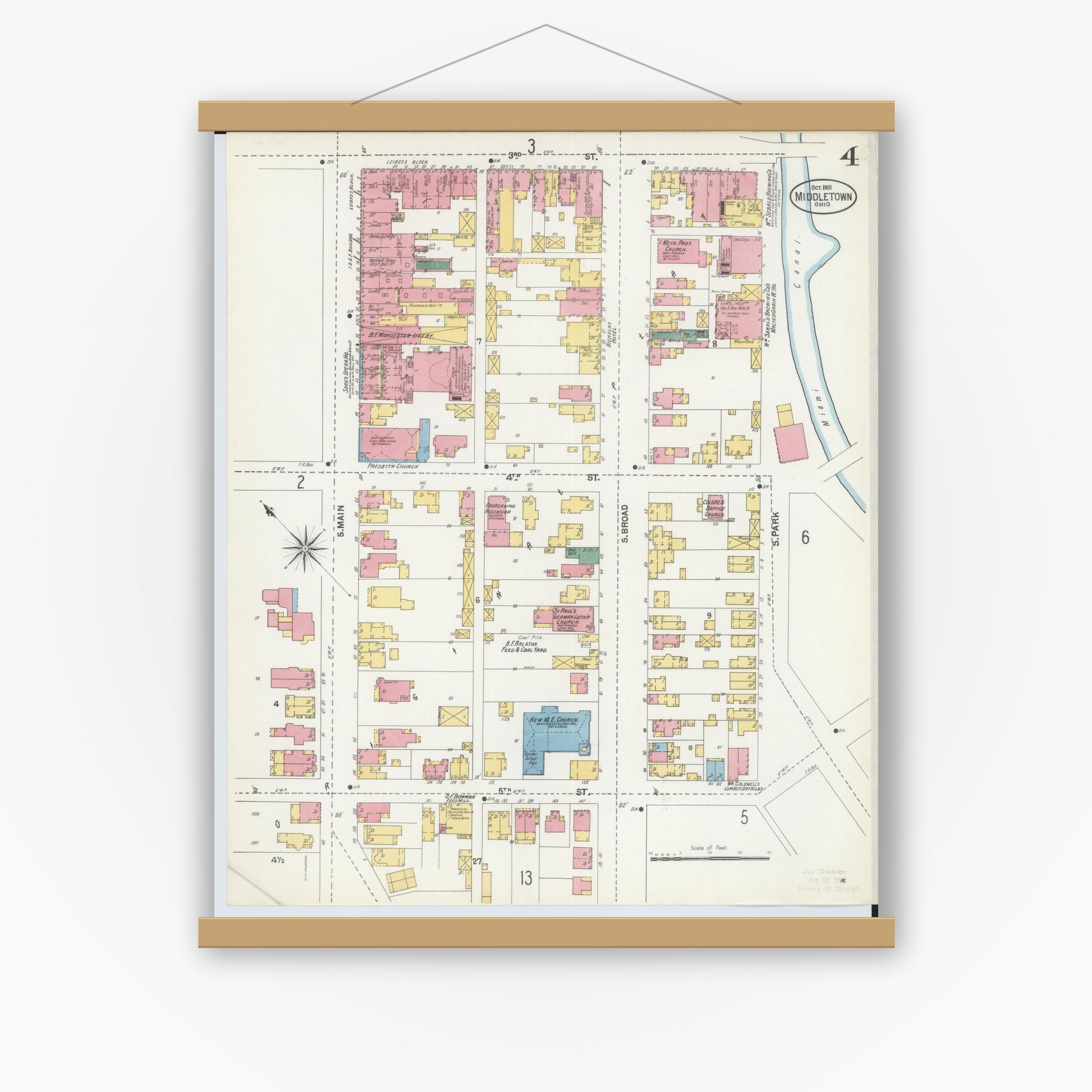 Old map wall art mockup — magnetic wood frame on white wall — Sanborn Fire Insurance Map from Middletown, Butler County, Ohio (1901), Sheet #0004