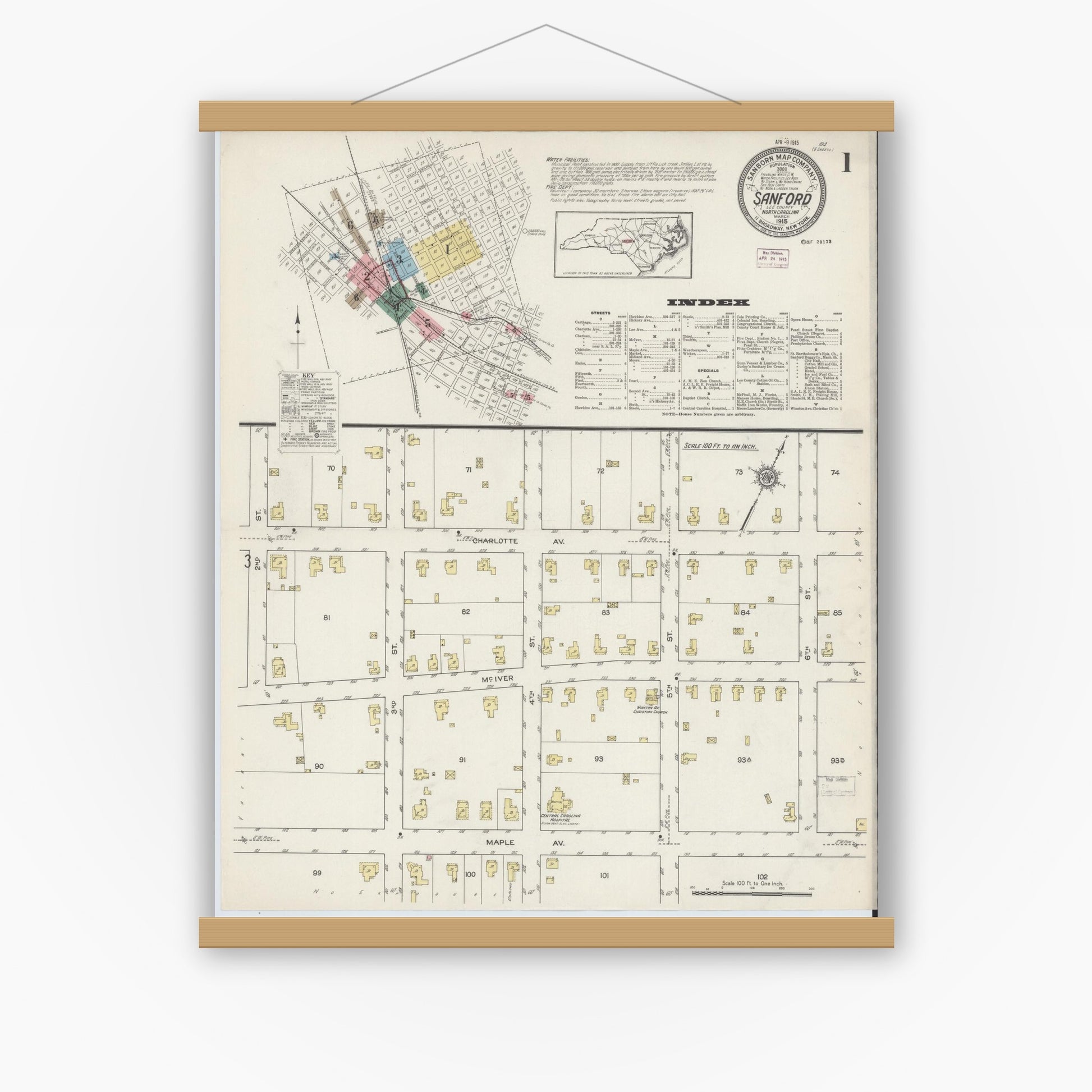 Old map wall art mockup — magnetic wood frame on white wall — Sanborn Fire Insurance Map from Sanford, Lee County, North Carolina (1915) - Complete Map Set