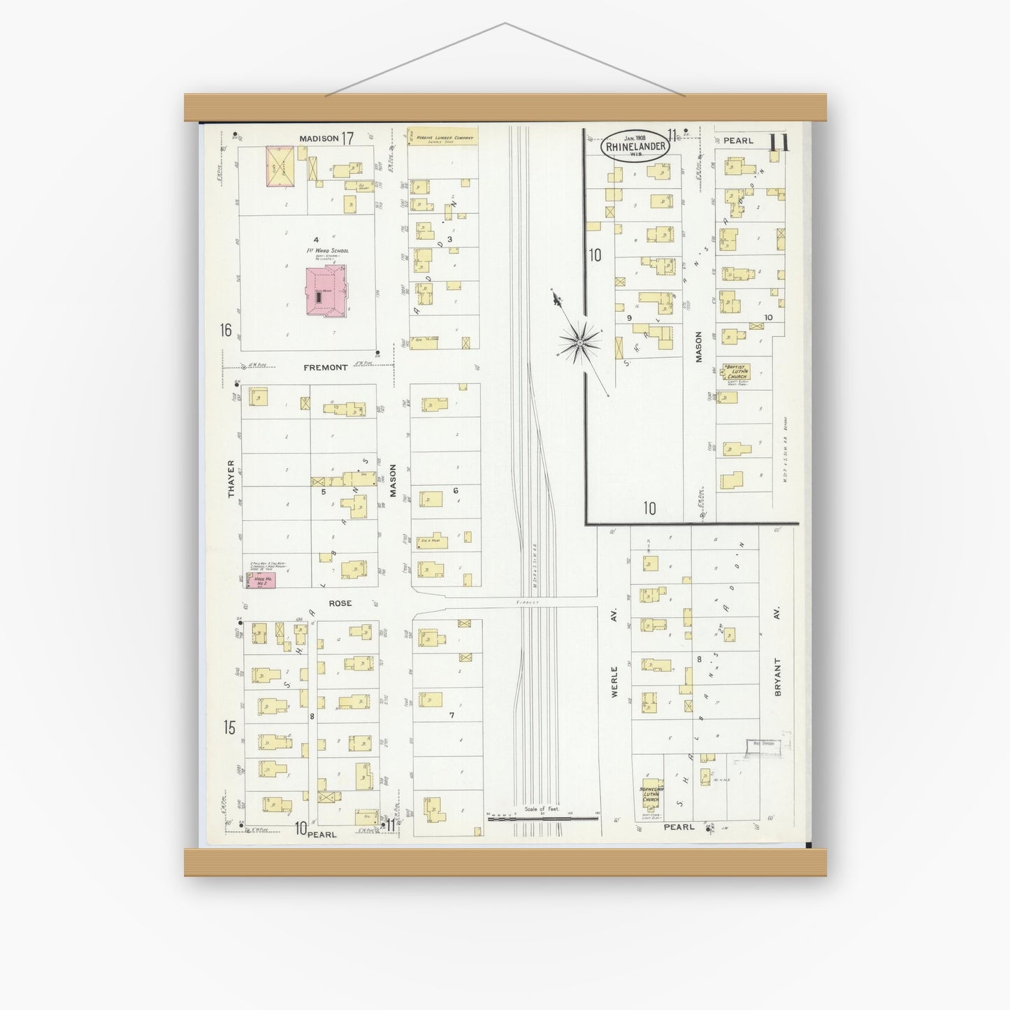 Old map wall art mockup — magnetic wood frame on white wall — Sanborn Fire Insurance Map from Rhinelander, Oneida County, Wisconsin (1908), Sheet #0011