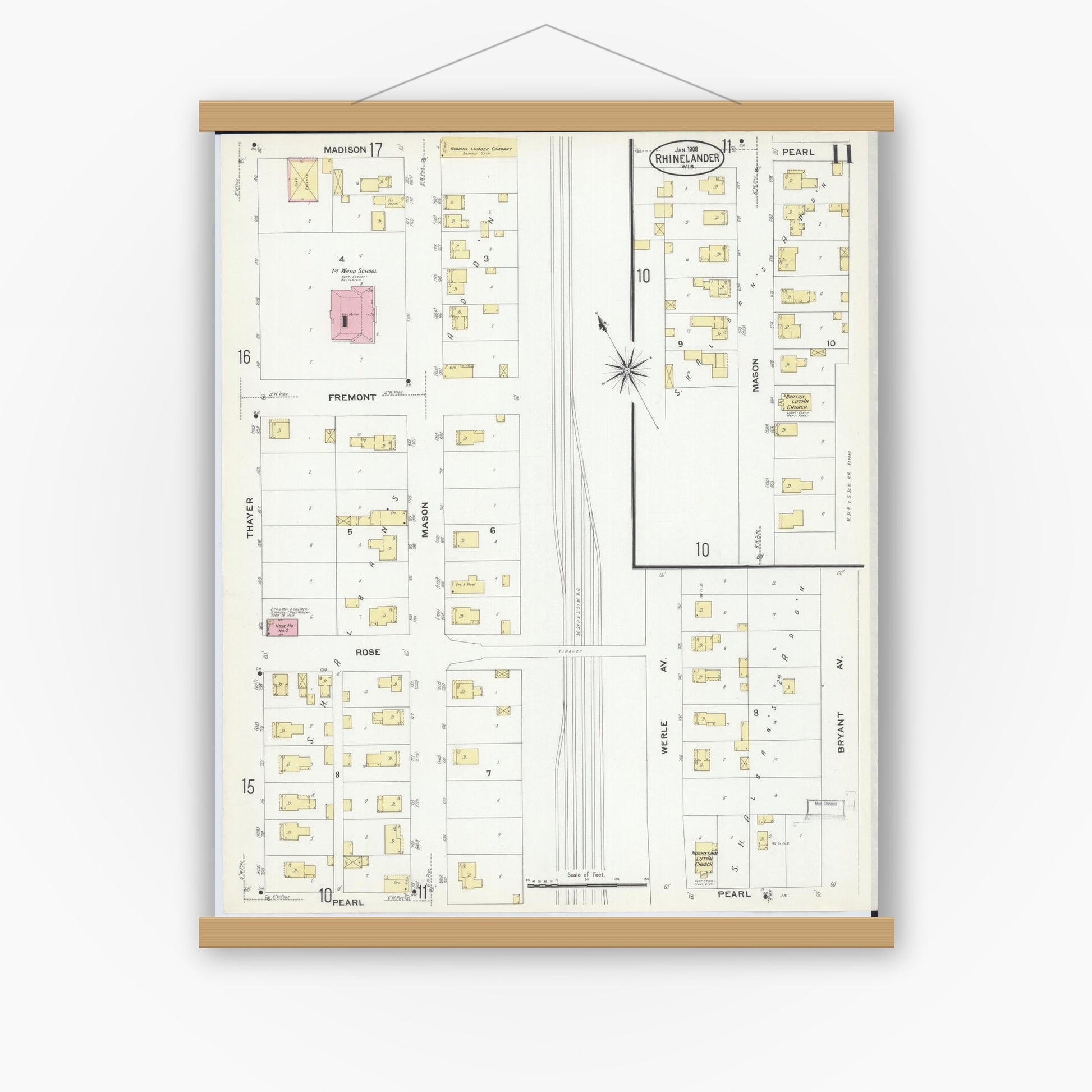 Old map wall art mockup — magnetic wood frame on white wall — Sanborn Fire Insurance Map from Rhinelander, Oneida County, Wisconsin (1908), Sheet #0011