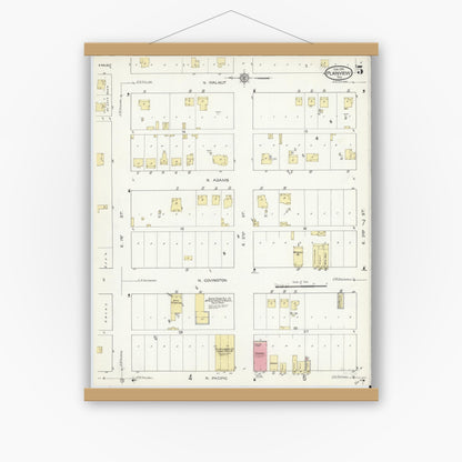Old map wall art mockup — magnetic wood frame on white wall — Sanborn Fire Insurance Map from Plainview, Hale County, Texas (1914), Sheet #0005
