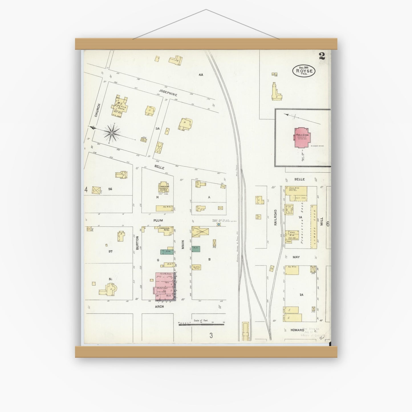 Old map wall art mockup — magnetic wood frame on white wall — Sanborn Fire Insurance Map from Royse City, Rockwell County, Texas (1906), Sheet #0002