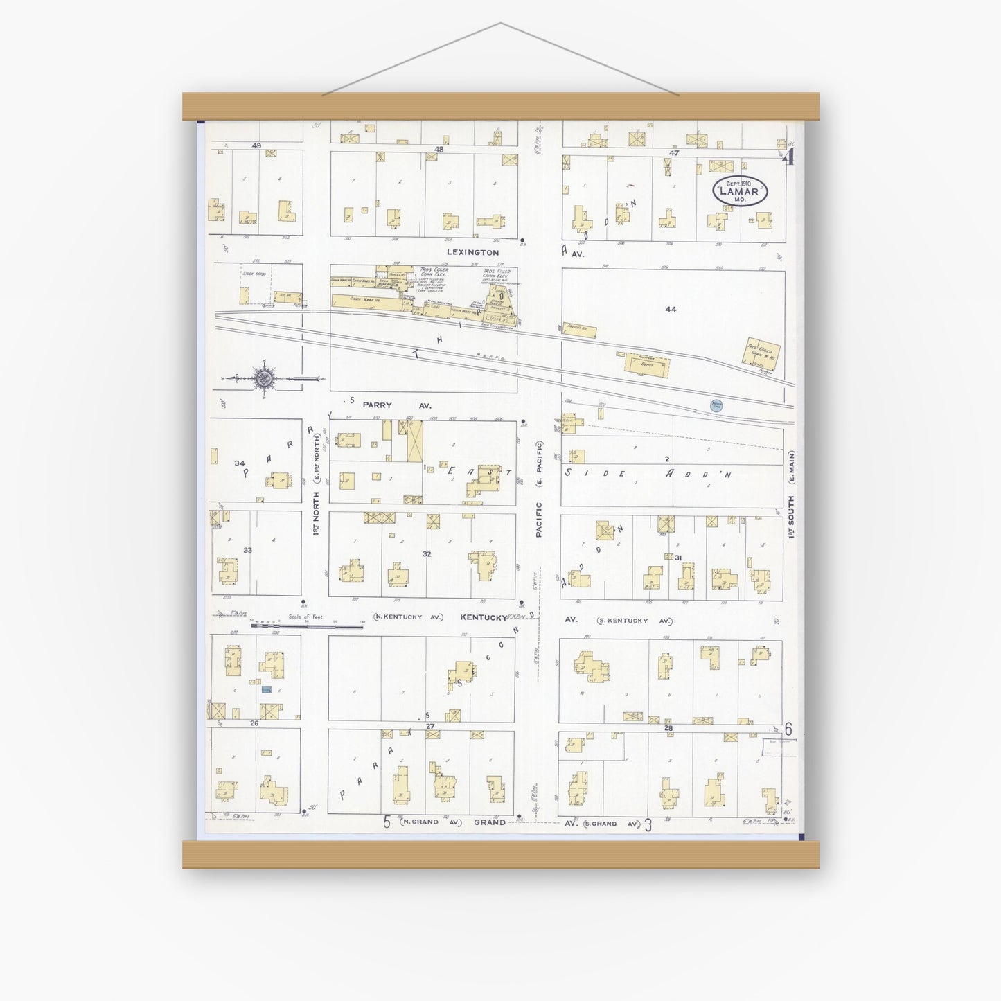 Old map wall art mockup — magnetic wood frame on white wall — Sanborn Fire Insurance Map from Lamar, Barton County, Missouri (1910), Sheet #0004