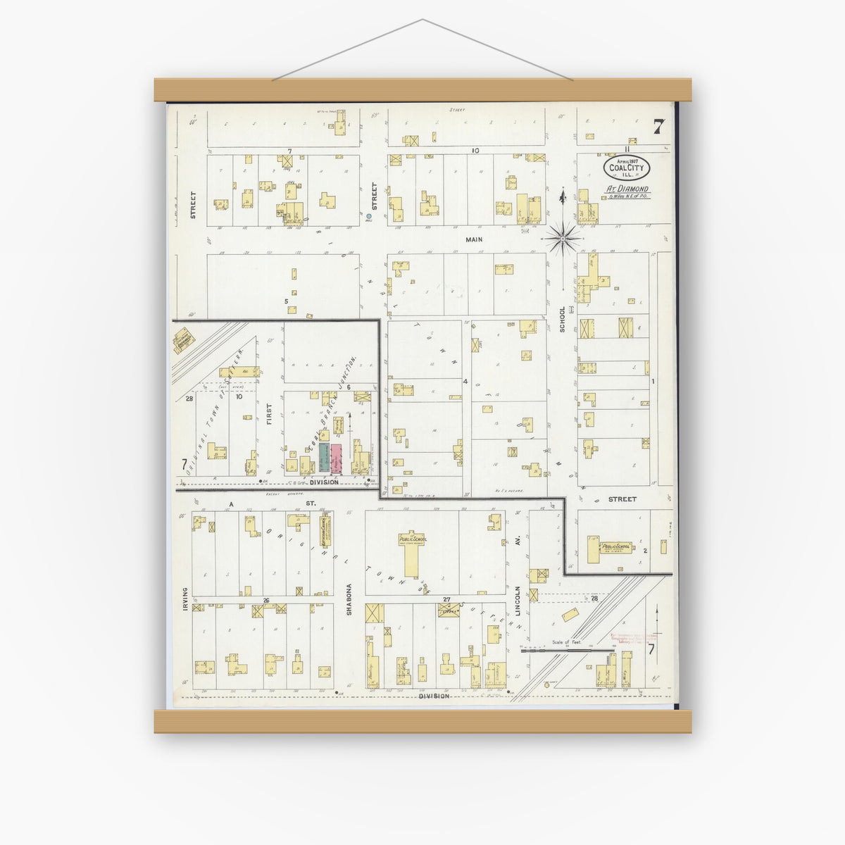 Old map wall art mockup — magnetic wood frame on white wall — Sanborn Fire Insurance Map from Coal City, Grundy County, Illinois (1907), Sheet #0007