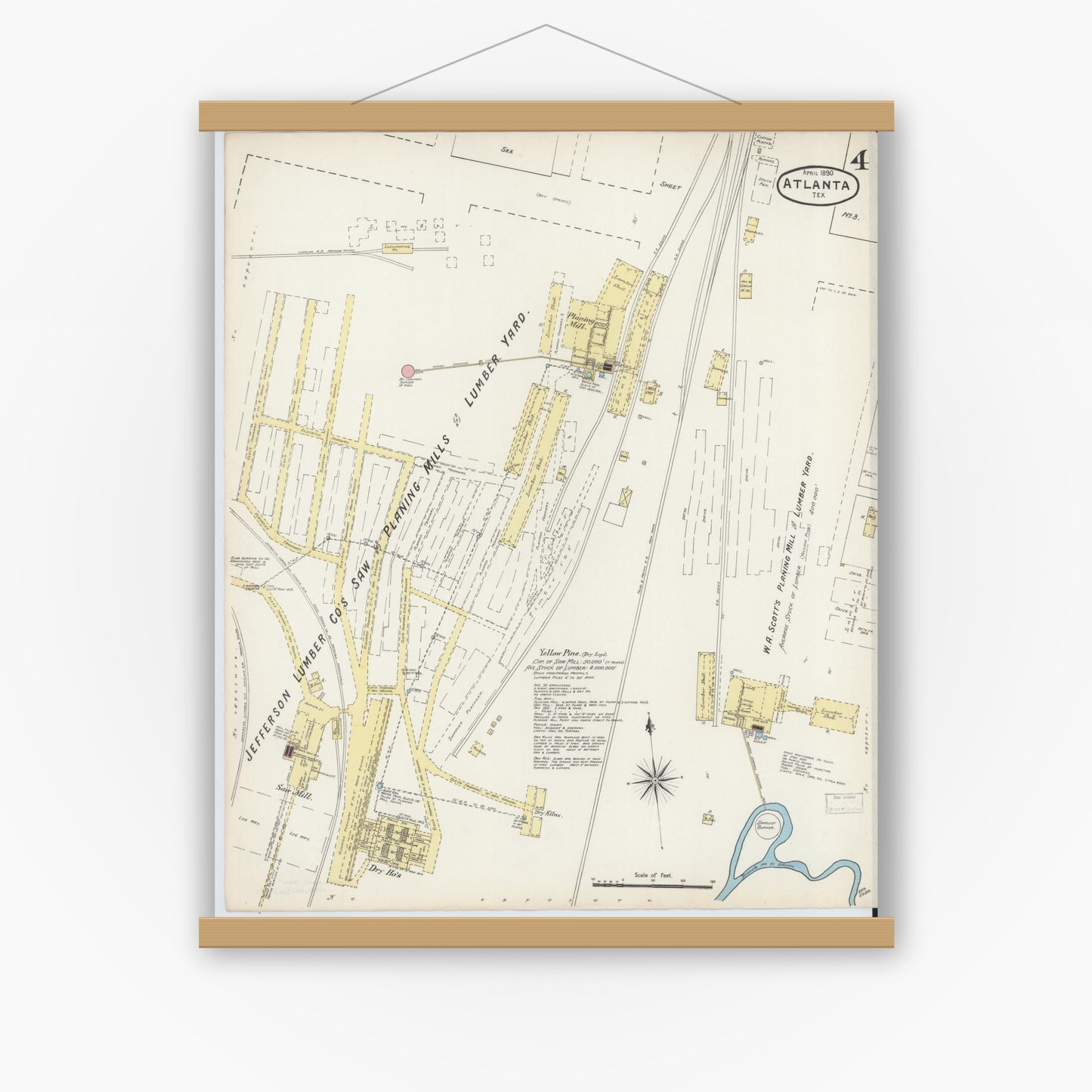 Old map wall art mockup — magnetic wood frame on white wall — Sanborn Fire Insurance Map from Atlanta, Cass County, Texas (1890), Sheet #0004