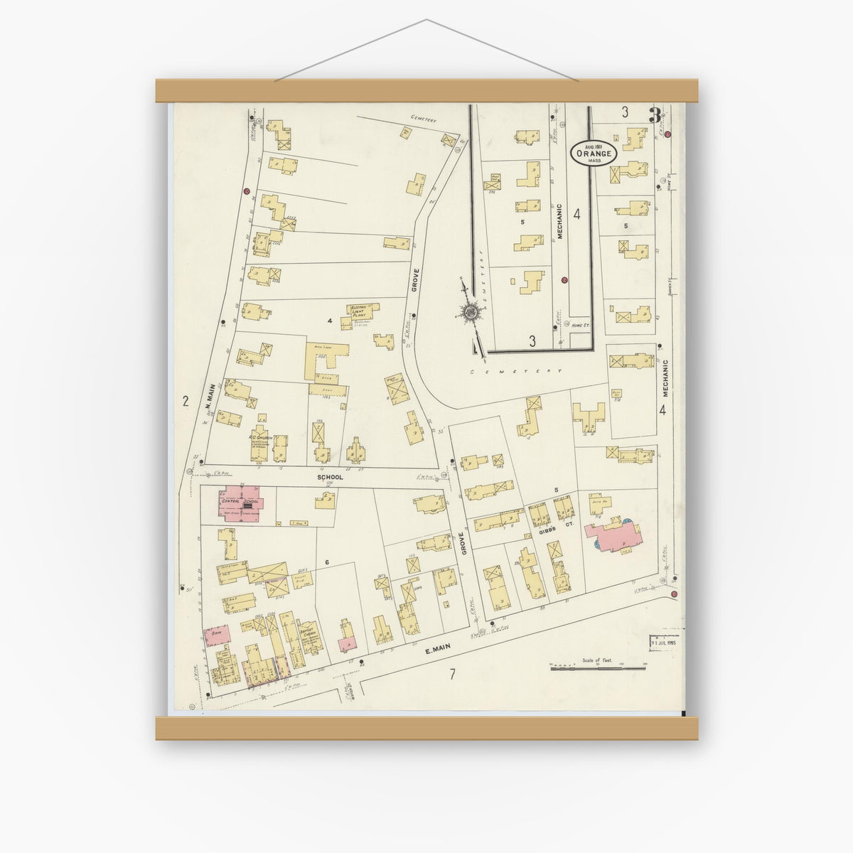 Old map wall art mockup — magnetic wood frame on white wall — Sanborn Fire Insurance Map from Orange, Franklin County, Massachusetts (1911), Sheet #0003