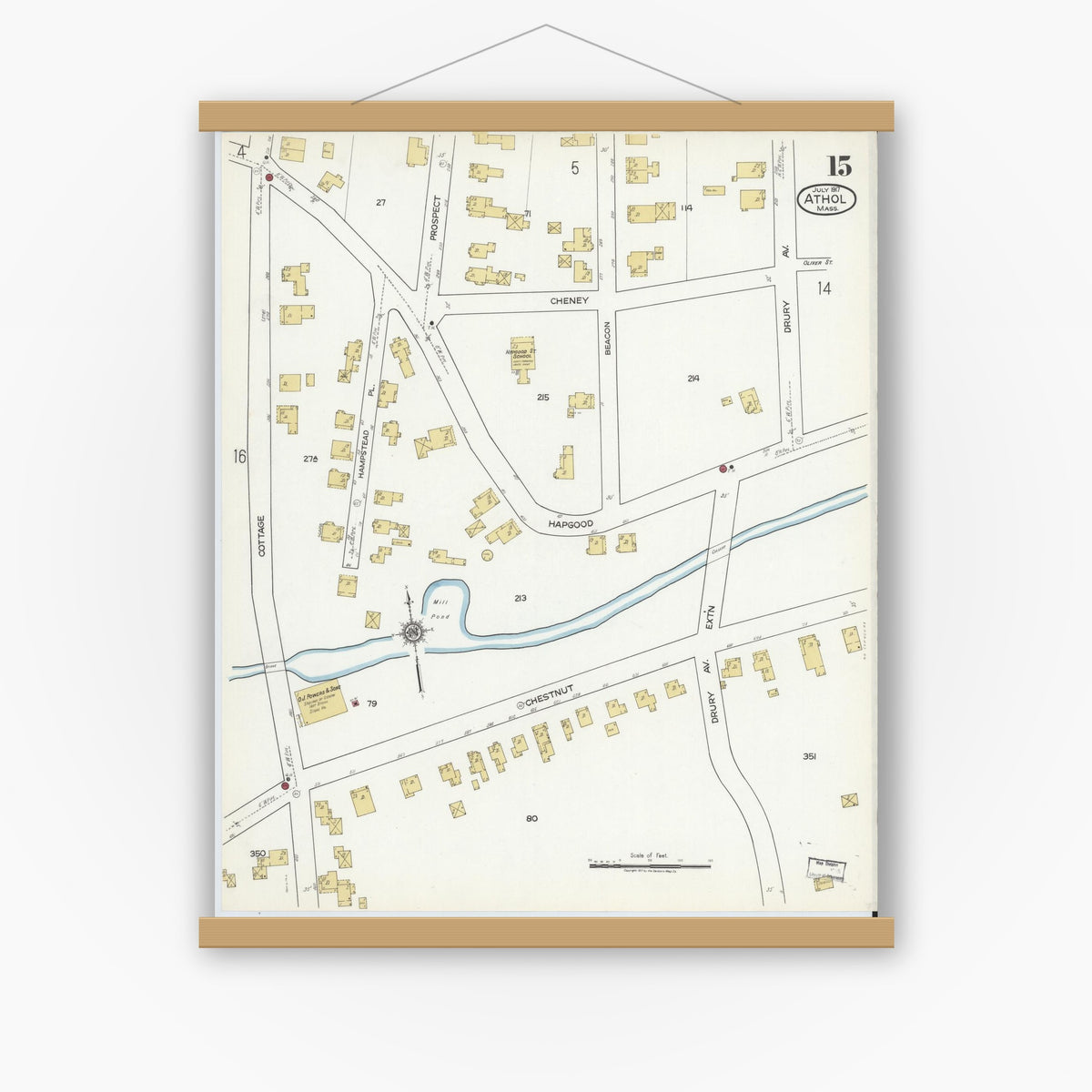 Old map wall art mockup — magnetic wood frame on white wall — Sanborn Fire Insurance Map from Athol, Worcester County, Massachusetts (1917), Sheet #0015