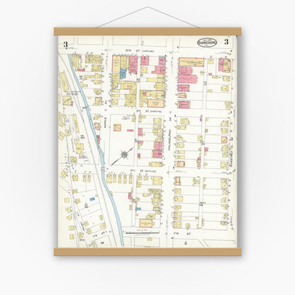 Old map wall art mockup — magnetic wood frame on white wall — Sanborn Fire Insurance Map from Barnesboro, Cambria County, Pennsylvania (1923), Sheet #0003