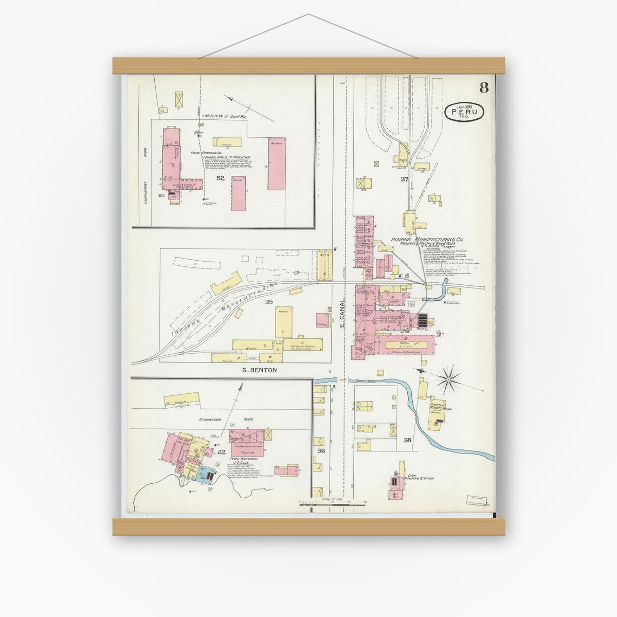 Old map wall art mockup — magnetic wood frame on white wall — Sanborn Fire Insurance Map from Peru, Miami County, Indiana (1893), Sheet #0008
