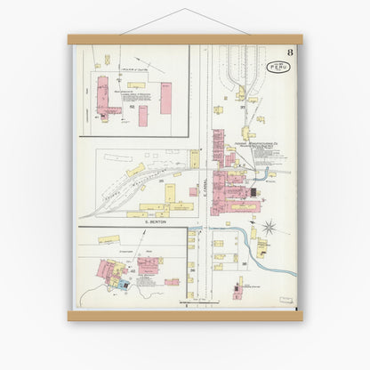 Old map wall art mockup — magnetic wood frame on white wall — Sanborn Fire Insurance Map from Peru, Miami County, Indiana (1893), Sheet #0008