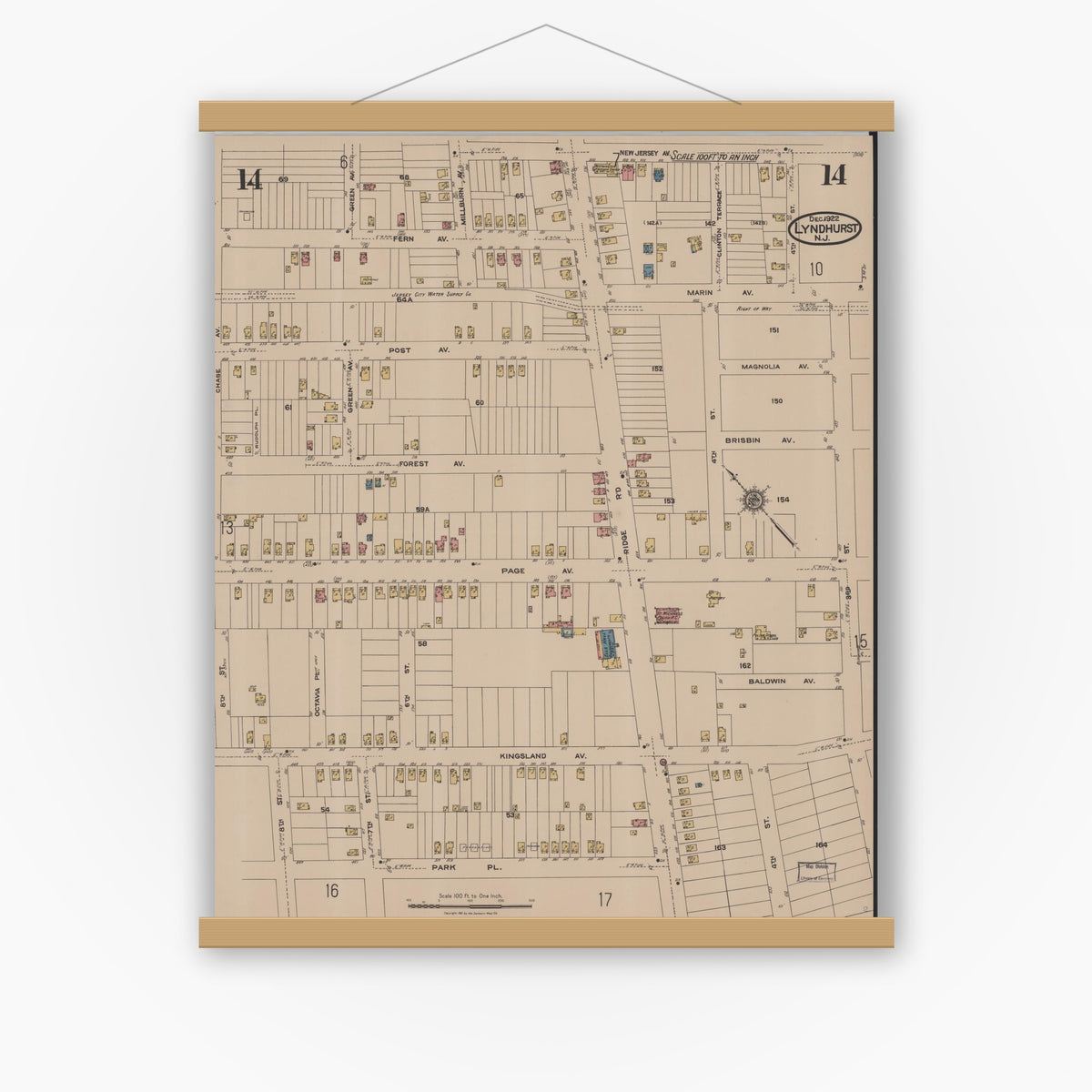 Old map wall art mockup — magnetic wood frame on white wall — Sanborn Fire Insurance Map from Lyndhurst, Bergen County, New Jersey (1922), Sheet #0014