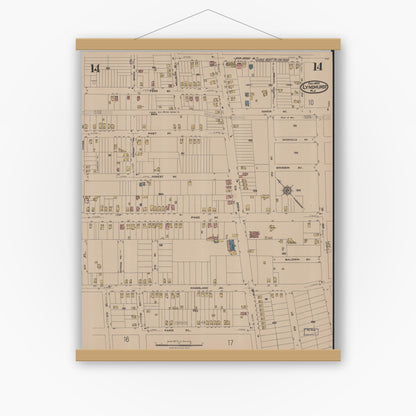 Old map wall art mockup — magnetic wood frame on white wall — Sanborn Fire Insurance Map from Lyndhurst, Bergen County, New Jersey (1922), Sheet #0014