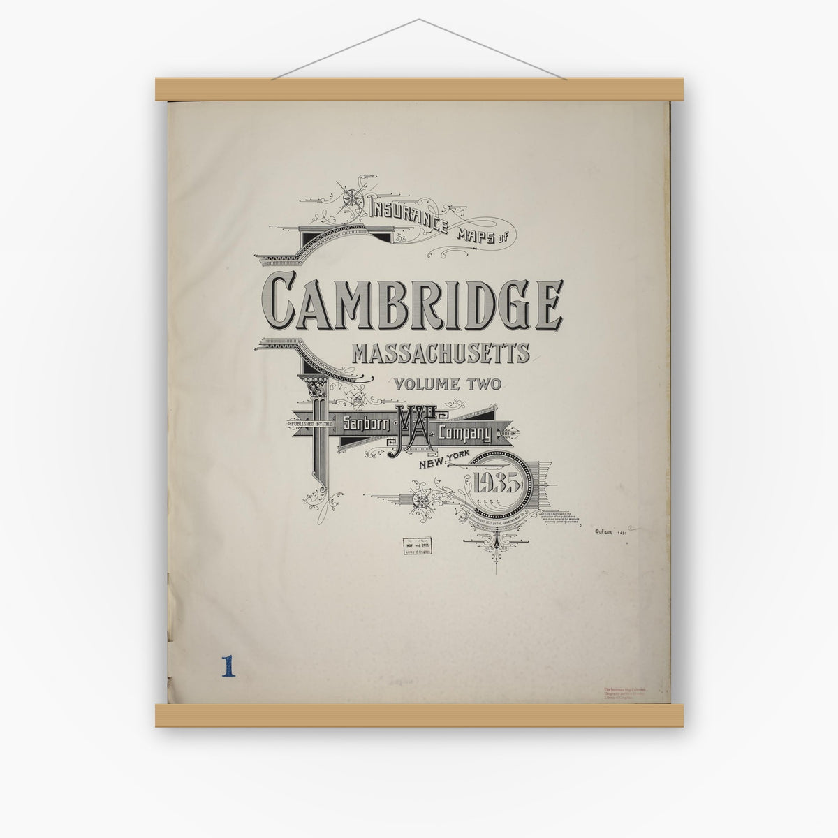 Old map wall art mockup — magnetic wood frame on white wall — Sanborn Fire Insurance Map from Cambridge, Middlesex County, Massachusetts (1935), Sheet #0001