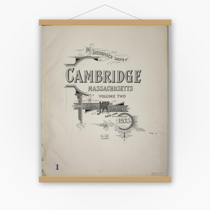 Old map wall art mockup — magnetic wood frame on white wall — Sanborn Fire Insurance Map from Cambridge, Middlesex County, Massachusetts (1935), Sheet #0001