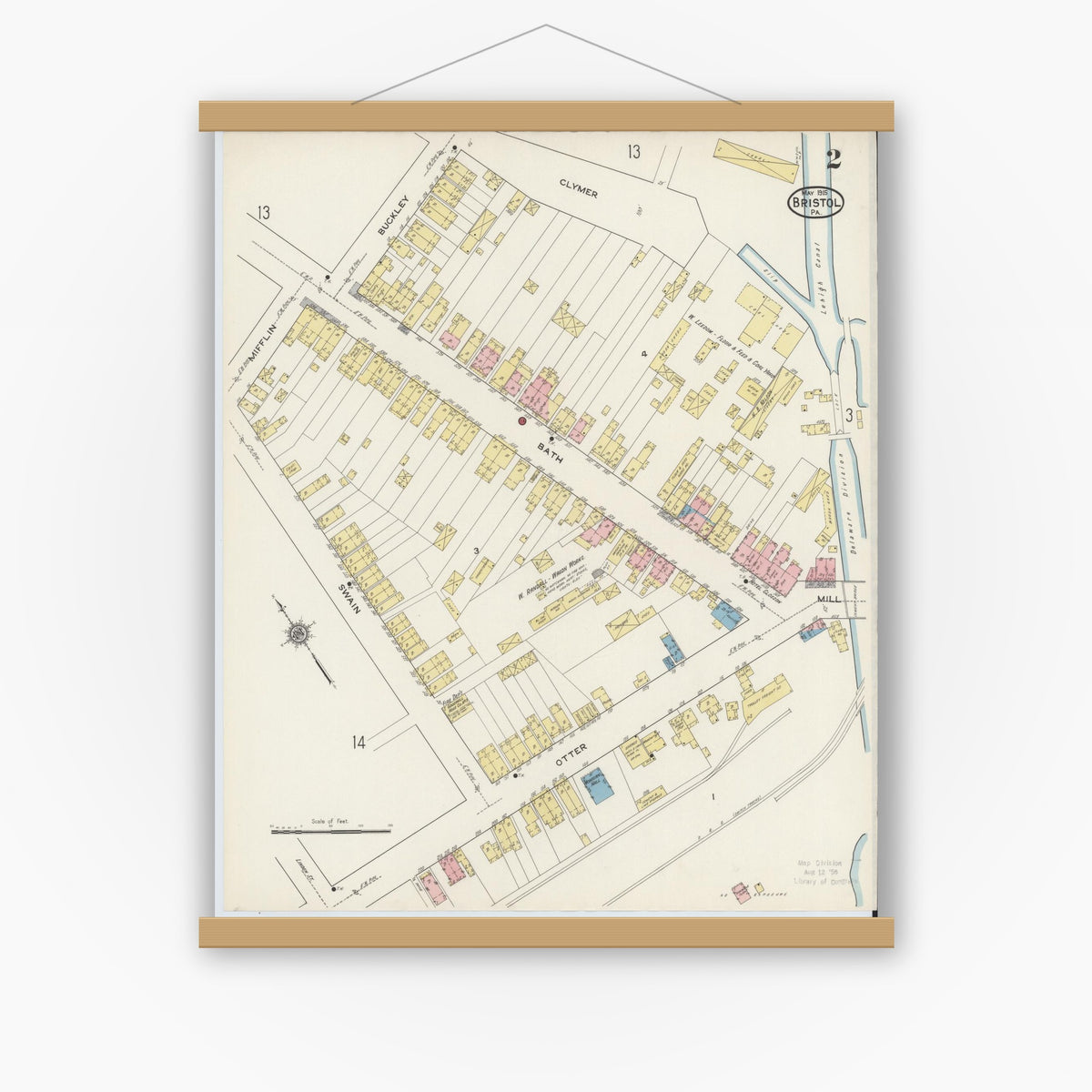 Old map wall art mockup — magnetic wood frame on white wall — Sanborn Fire Insurance Map from Bristol, Bucks County, Pennsylvania (1915), Sheet #0002