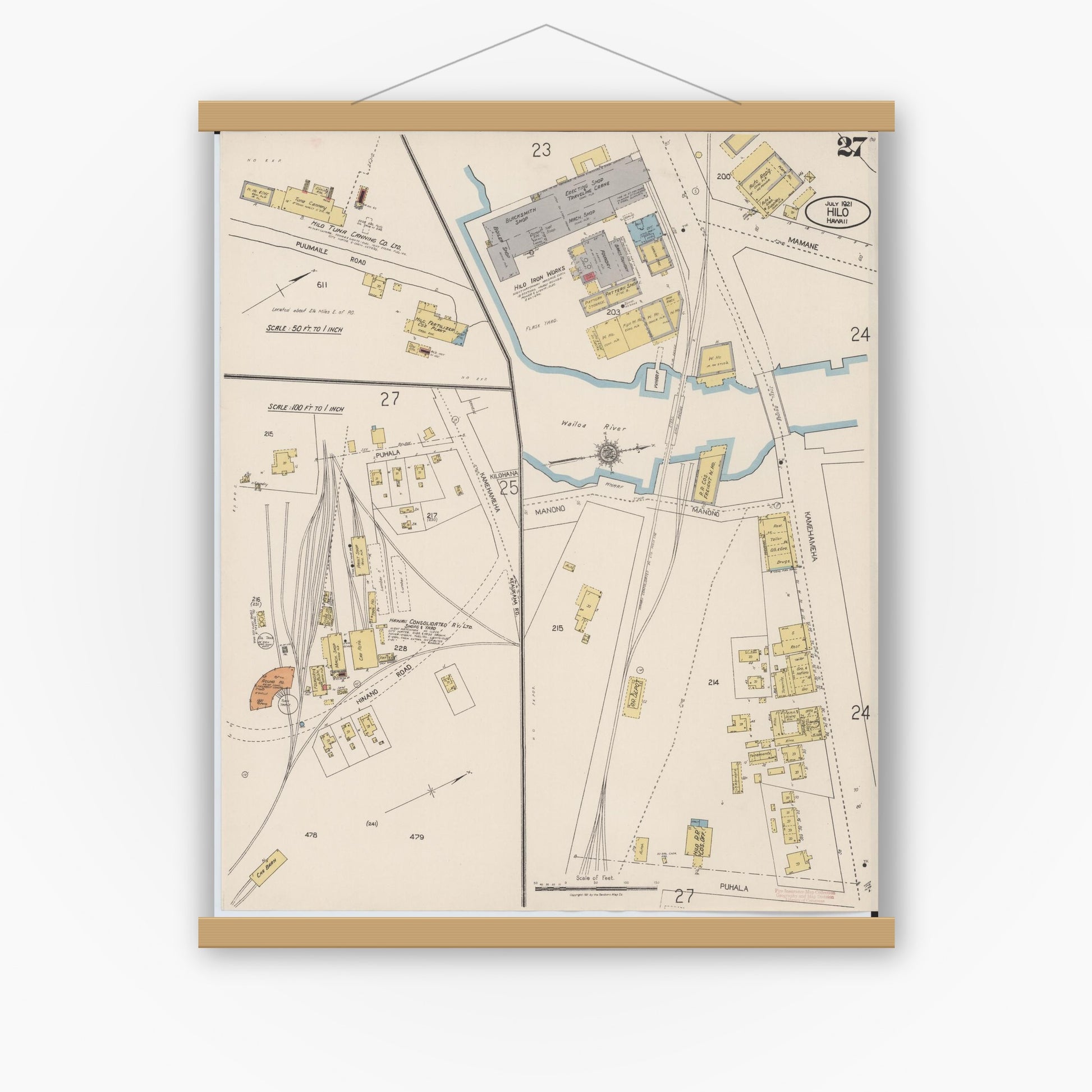 Old map wall art mockup — magnetic wood frame on white wall — Sanborn Fire Insurance Map from Hilo, Hawaii County, Hawaii (1921), Sheet #0027