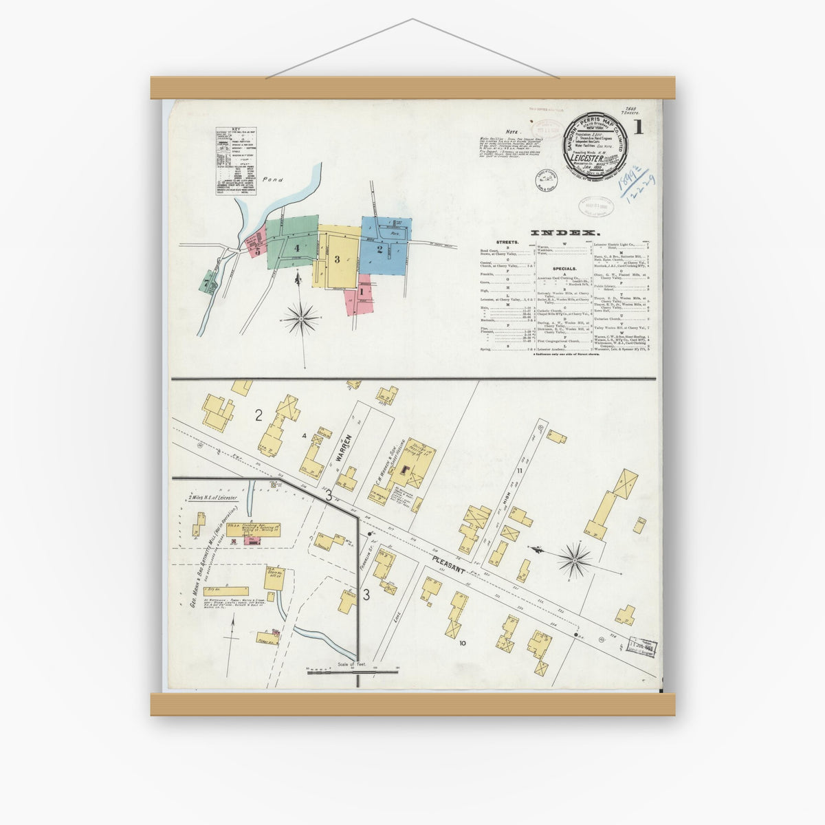 Old map wall art mockup — magnetic wood frame on white wall — Sanborn Fire Insurance Map from Leicester, Worcester County, Massachusetts (1889) - Complete Map Set