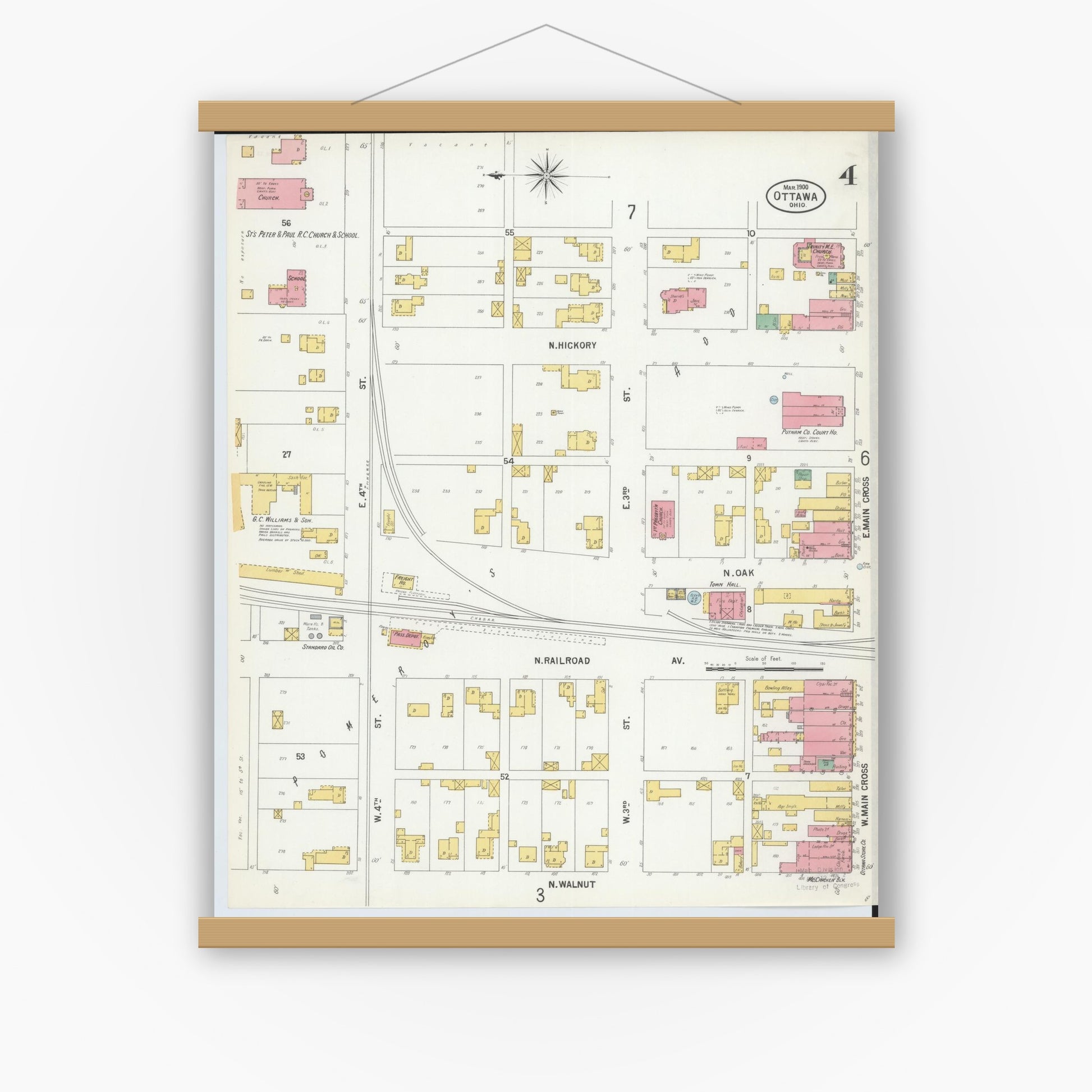 Old map wall art mockup — magnetic wood frame on white wall — Sanborn Fire Insurance Map from Ottawa, Putnam County, Ohio (1900), Sheet #0004