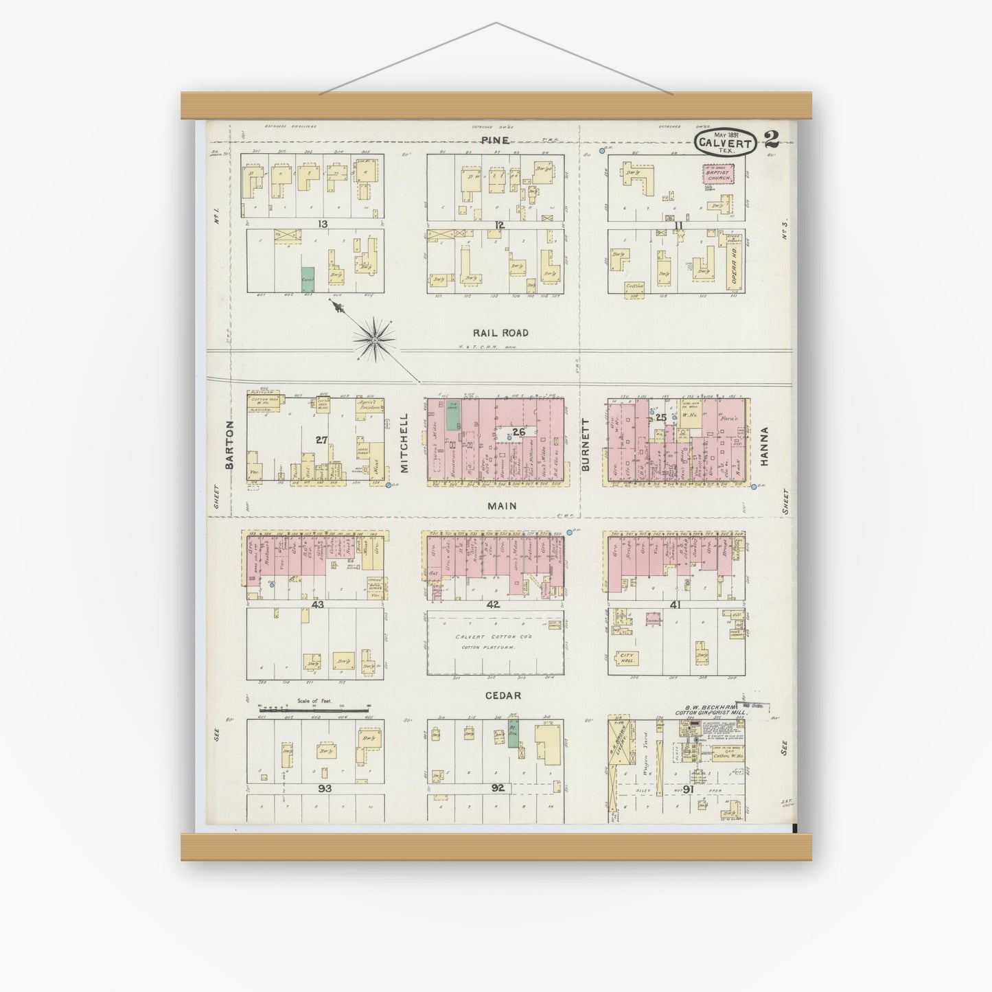 Old map wall art mockup — magnetic wood frame on white wall — Sanborn Fire Insurance Map from Calvert, Robertson County, Texas (1891), Sheet #0002