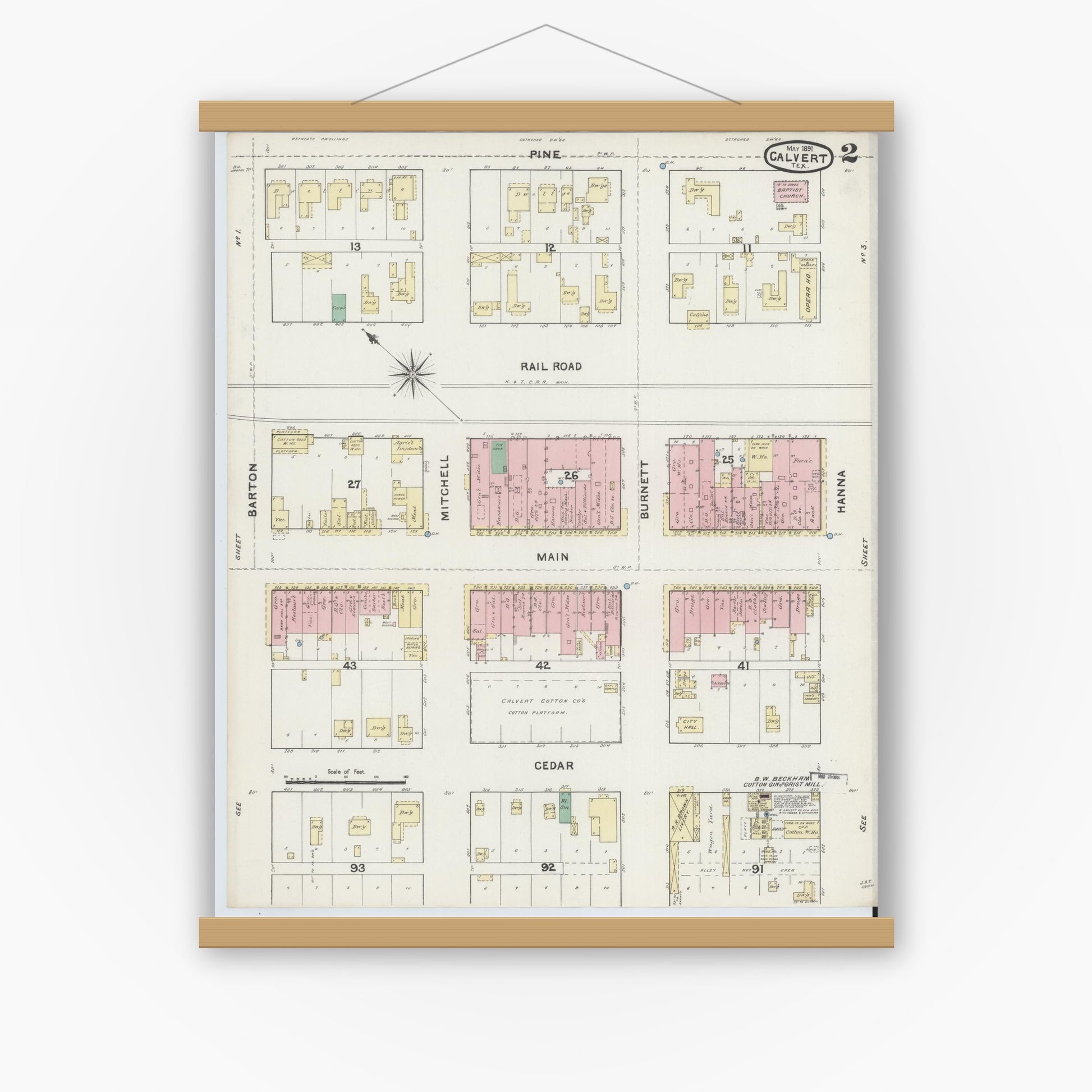 Old map wall art mockup — magnetic wood frame on white wall — Sanborn Fire Insurance Map from Calvert, Robertson County, Texas (1891), Sheet #0002