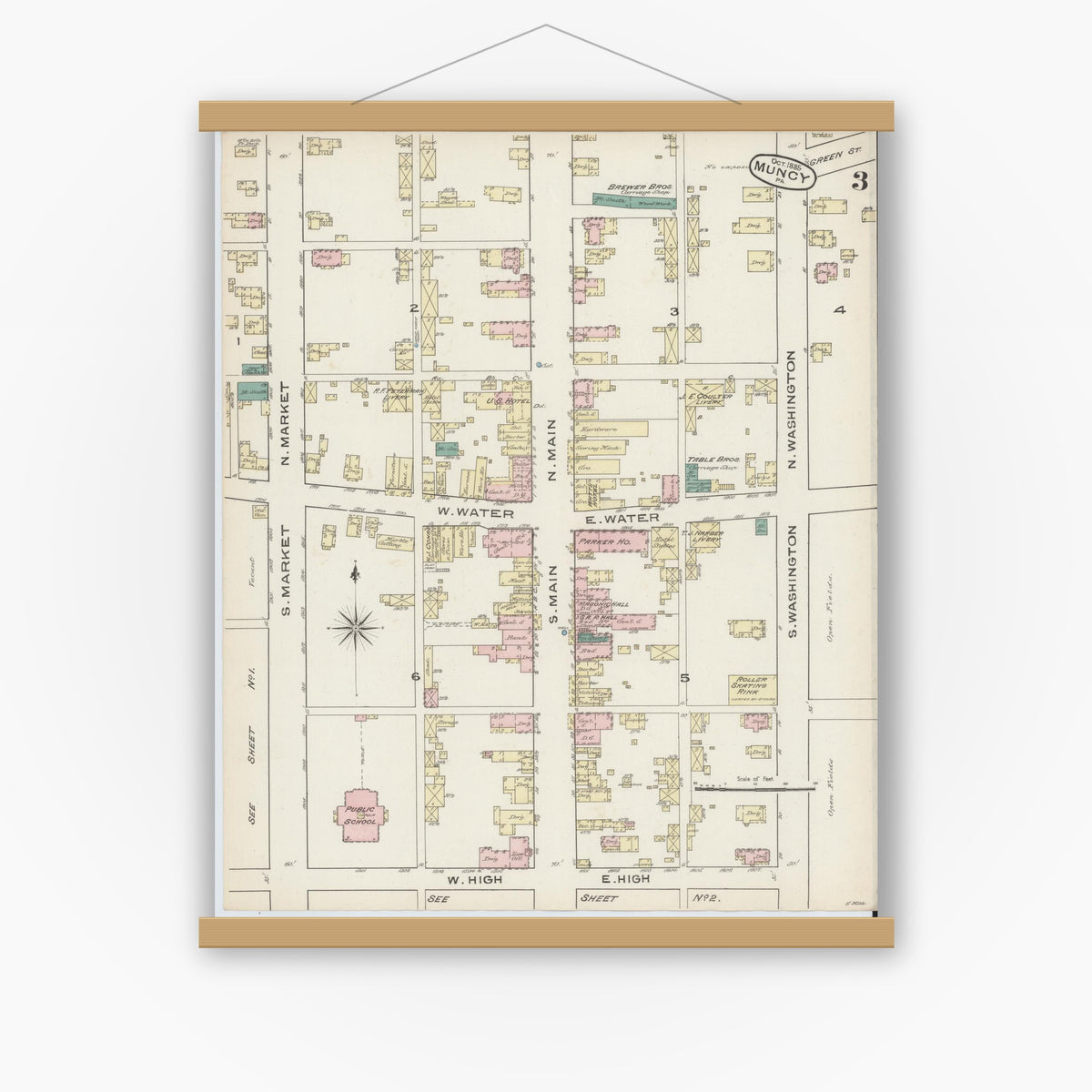 Old map wall art mockup — magnetic wood frame on white wall — Sanborn Fire Insurance Map from Muncy, Lycoming County, Pennsylvania (1885), Sheet #0003