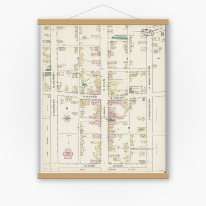 Old map wall art mockup — magnetic wood frame on white wall — Sanborn Fire Insurance Map from Muncy, Lycoming County, Pennsylvania (1885), Sheet #0003