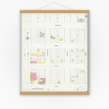 Old map wall art mockup — magnetic wood frame on white wall — Sanborn Fire Insurance Map from Vernon, Wilbarger County, Texas (1902), Sheet #0002