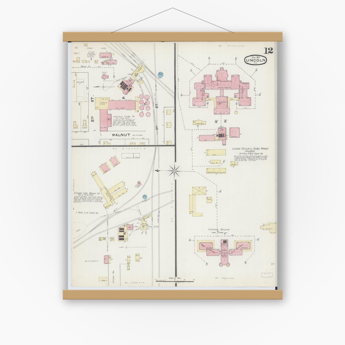 Old map wall art mockup — magnetic wood frame on white wall — Sanborn Fire Insurance Map from Lincoln, Logan County, Illinois (1891), Sheet #0012