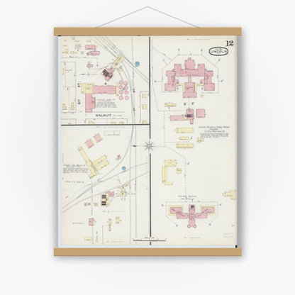 Old map wall art mockup — magnetic wood frame on white wall — Sanborn Fire Insurance Map from Lincoln, Logan County, Illinois (1891), Sheet #0012