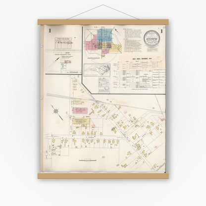 Old map wall art mockup — magnetic wood frame on white wall — Sanborn Fire Insurance Map from Ahoskie, Hertford County, North Carolina (1940), Sheet #0001