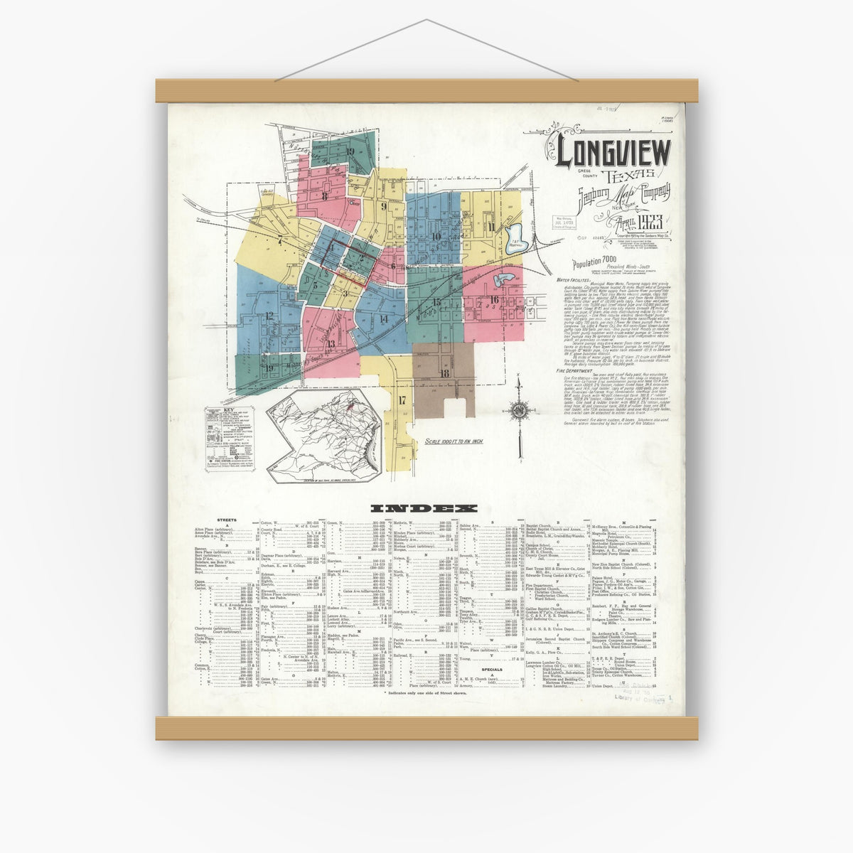 Old map wall art mockup — magnetic wood frame on white wall — Sanborn Fire Insurance Map from Longview, Gregg County, Texas (1923), Sheet #0001