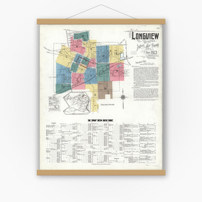 Old map wall art mockup — magnetic wood frame on white wall — Sanborn Fire Insurance Map from Longview, Gregg County, Texas (1923), Sheet #0001