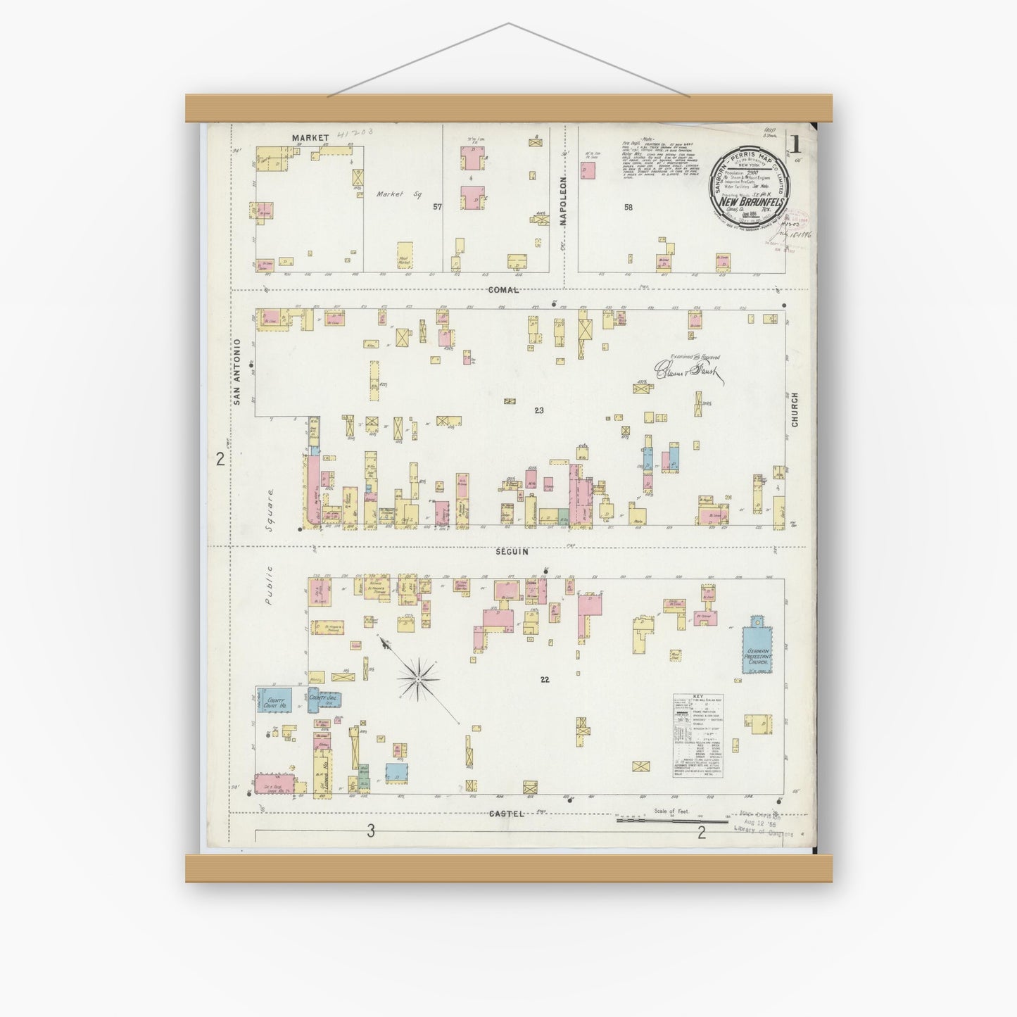 Old map wall art mockup — magnetic wood frame on white wall — Sanborn Fire Insurance Map from New Braunfels, Comal County, Texas (1896), Sheet #0001