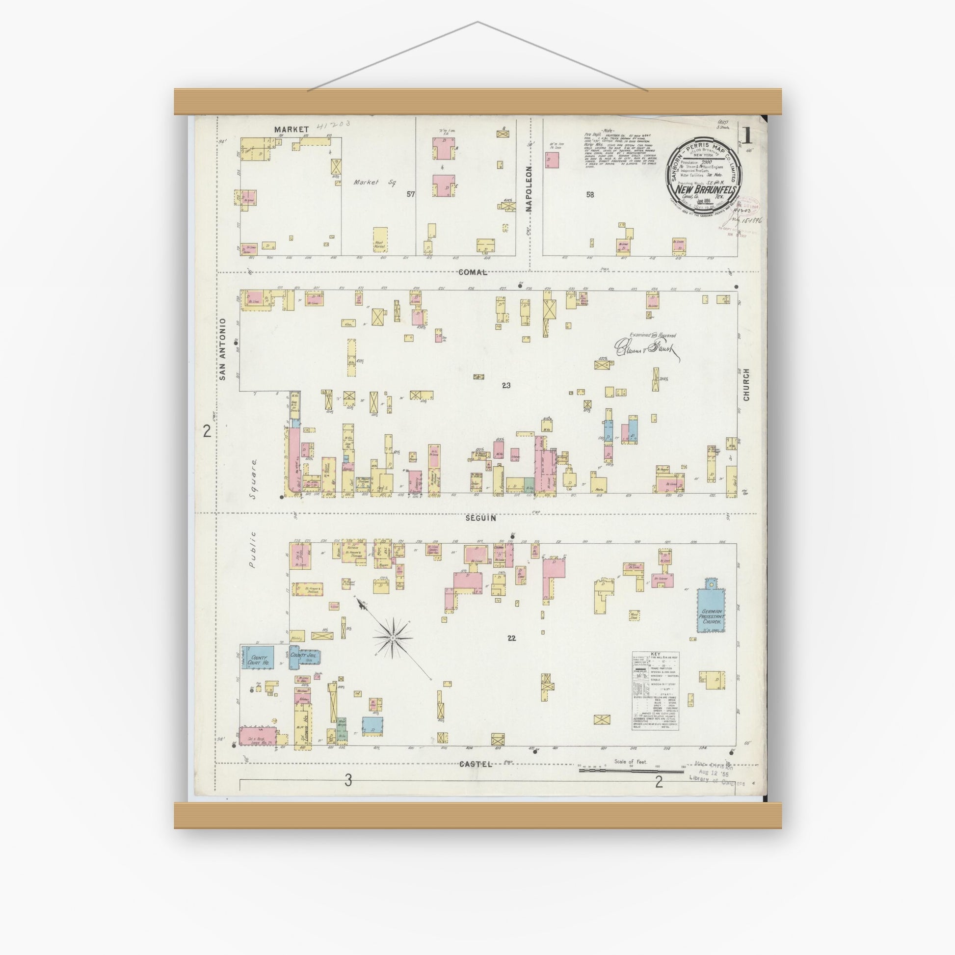 Old map wall art mockup — magnetic wood frame on white wall — Sanborn Fire Insurance Map from New Braunfels, Comal County, Texas (1896), Sheet #0001