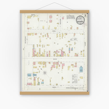 Old map wall art mockup — magnetic wood frame on white wall — Sanborn Fire Insurance Map from New Braunfels, Comal County, Texas (1896), Sheet #0001