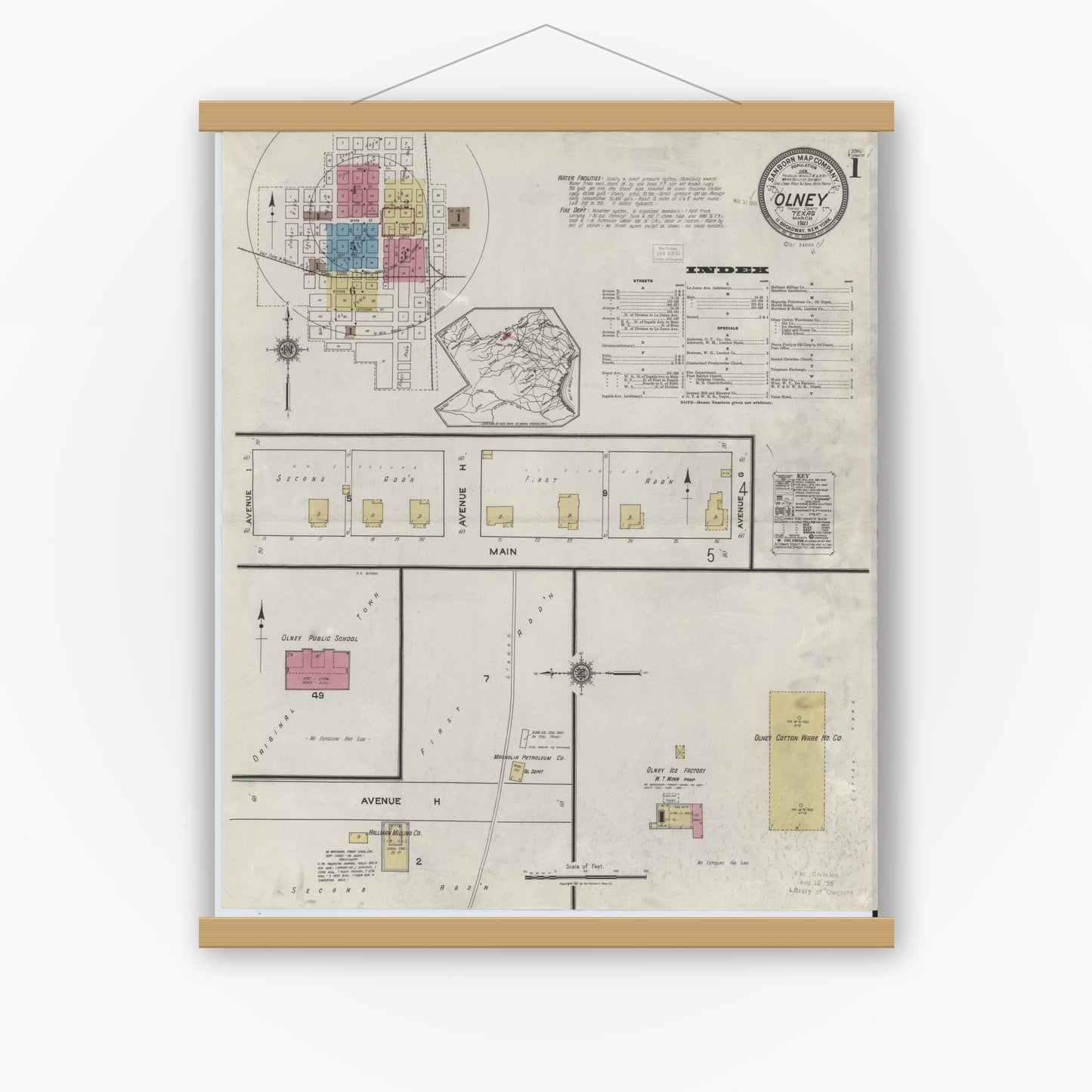 Old map wall art mockup — magnetic wood frame on white wall — Sanborn Fire Insurance Map from Olney, Young County, Texas (1921), Sheet #0001