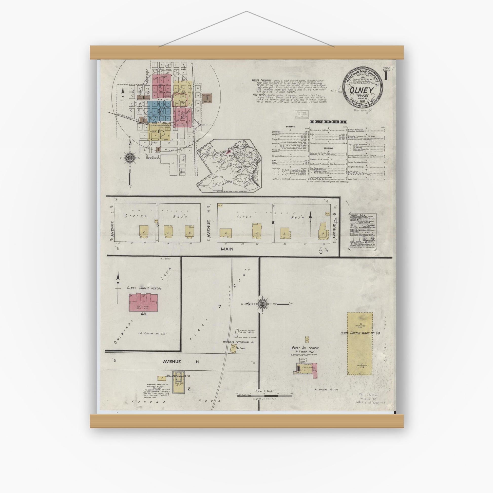 Old map wall art mockup — magnetic wood frame on white wall — Sanborn Fire Insurance Map from Olney, Young County, Texas (1921), Sheet #0001