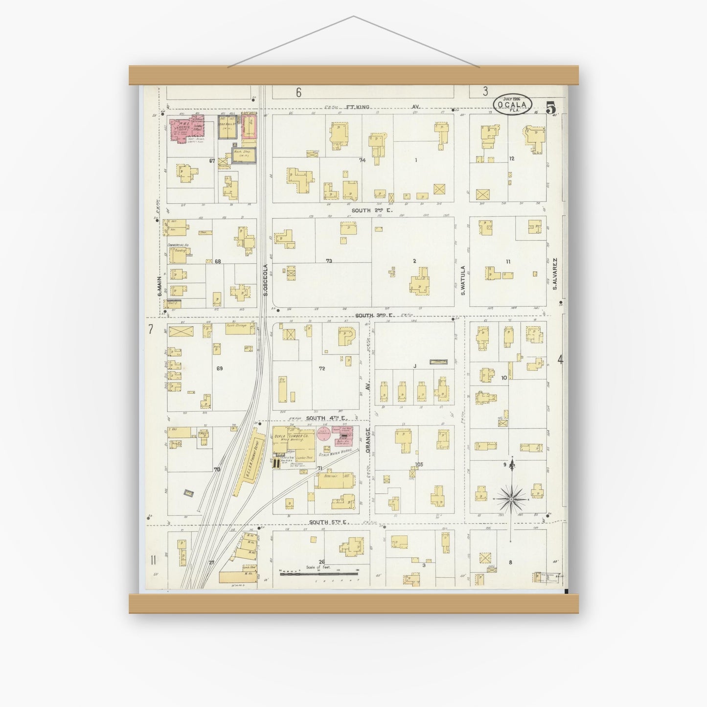 Old map wall art mockup — magnetic wood frame on white wall — Sanborn Fire Insurance Map from Ocala, Marion County, Florida (1906), Sheet #0005