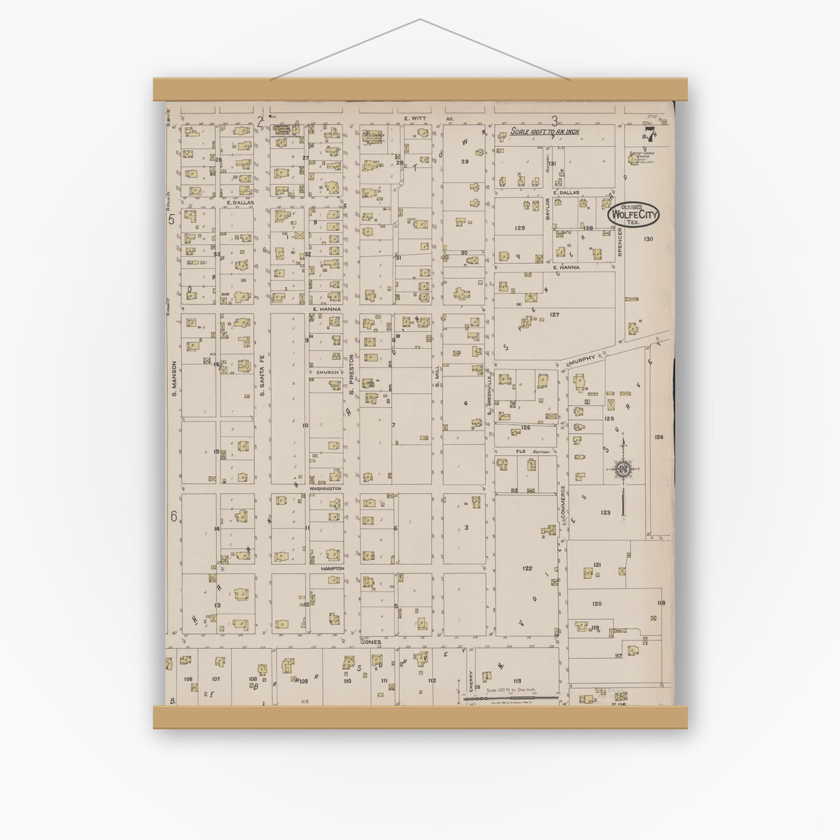 Old map wall art mockup — magnetic wood frame on white wall — Sanborn Fire Insurance Map from Wolfe City, Hunt County, Texas (1922), Sheet #0007