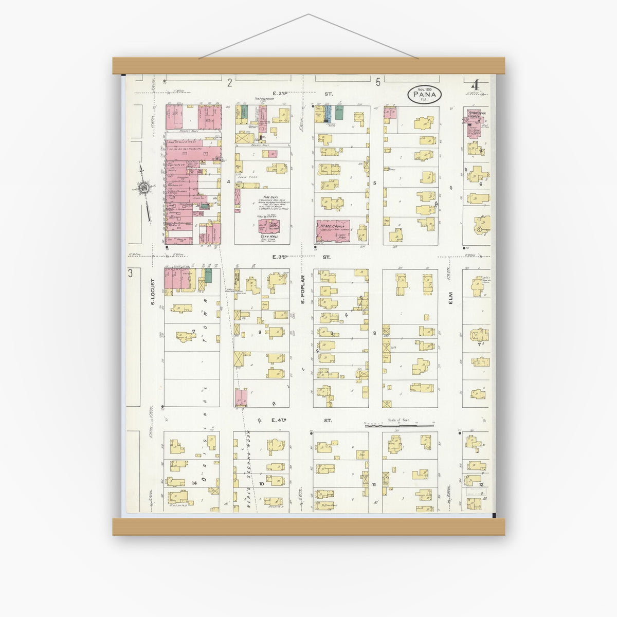 Old map wall art mockup — magnetic wood frame on white wall — Sanborn Fire Insurance Map from Pana, Christian County, Illinois (1909), Sheet #0004