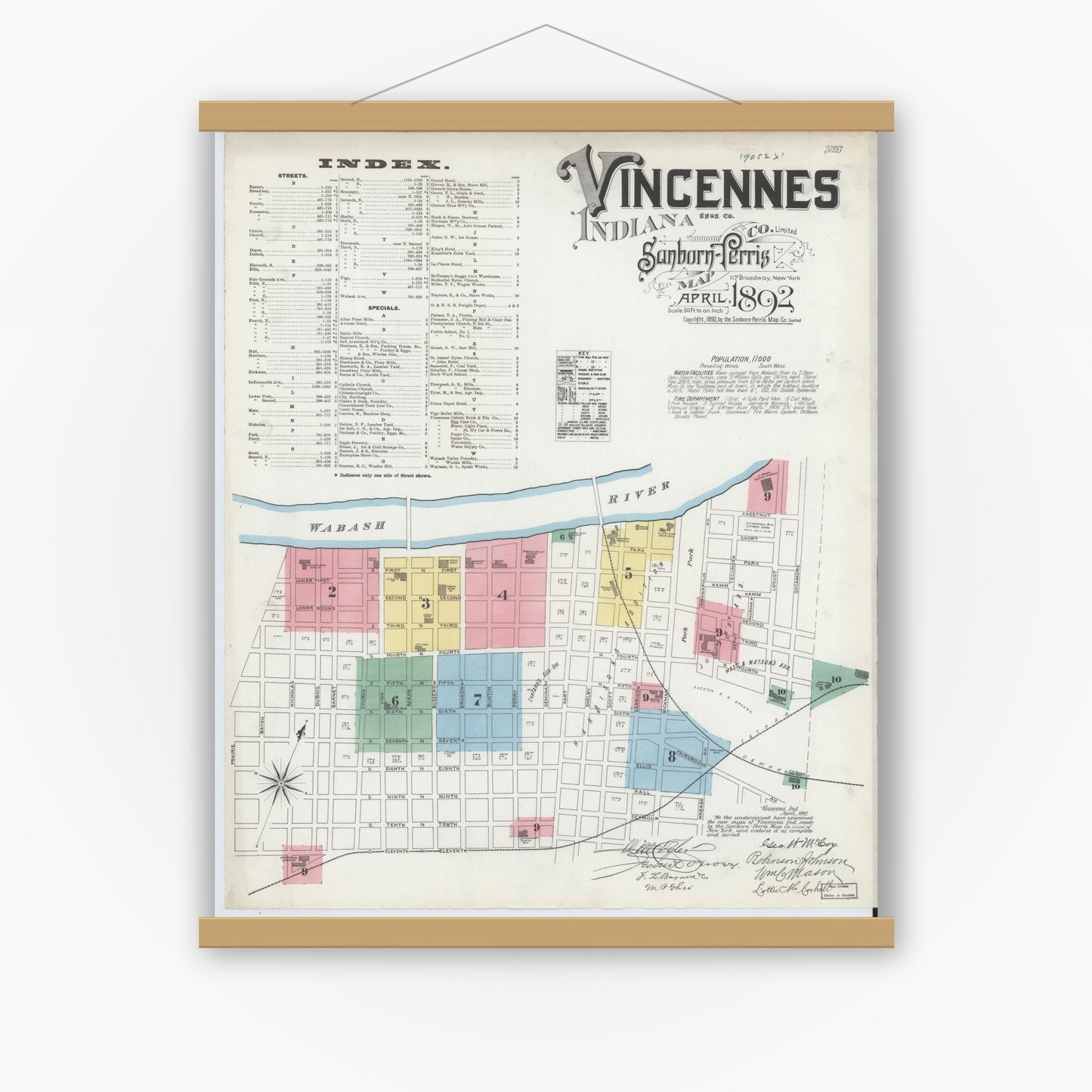 Old map wall art mockup — magnetic wood frame on white wall — Sanborn Fire Insurance Map from Vincennes, Knox County, Indiana (1892) - Complete Map Set