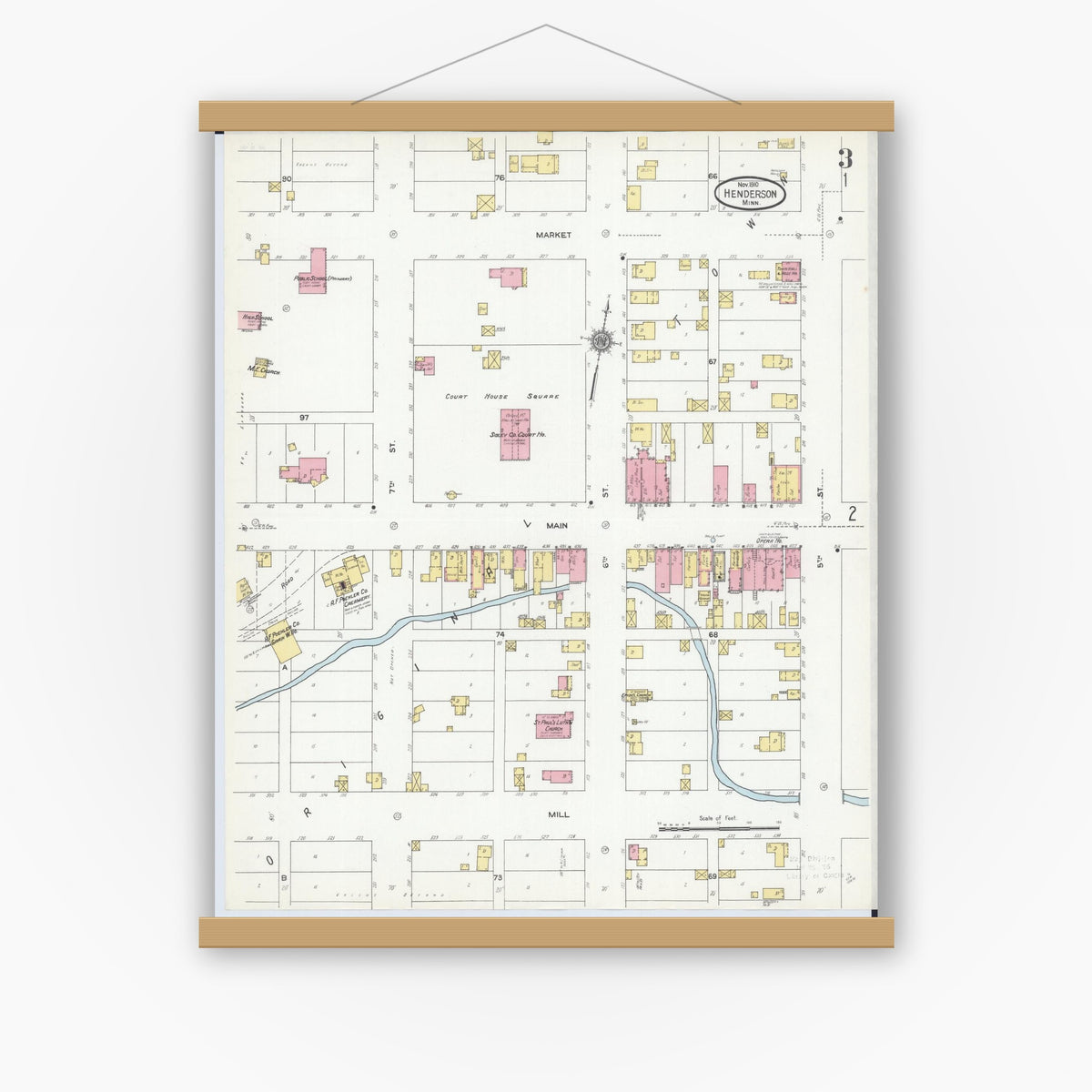 Old map wall art mockup — magnetic wood frame on white wall — Sanborn Fire Insurance Map from Henderson, Sibley County, Minnesota (1910), Sheet #0003