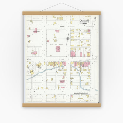 Old map wall art mockup — magnetic wood frame on white wall — Sanborn Fire Insurance Map from Henderson, Sibley County, Minnesota (1910), Sheet #0003