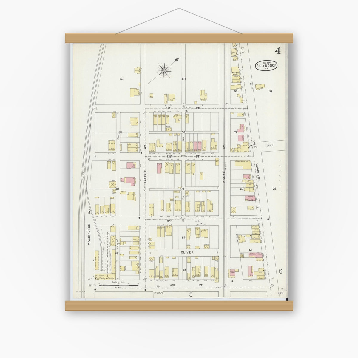 Old map wall art mockup — magnetic wood frame on white wall — Sanborn Fire Insurance Map from Braddock, Allegheny County, Pennsylvania (1896), Sheet #0004