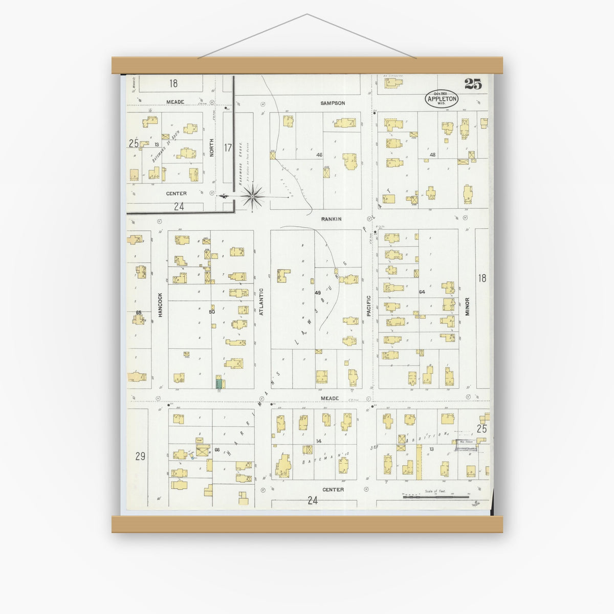 Old map wall art mockup — magnetic wood frame on white wall — Sanborn Fire Insurance Map from Appleton, Outagamie County, Wisconsin (1901), Sheet #0025